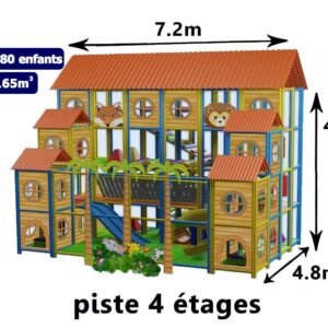 Piste Américaine 4 étages pour enfants, structure de jeux spacieuse avec un design attrayant et sécuritaire, idéale pour les centres de loisirs et les parcs.