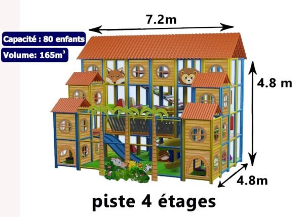 Piste Américaine 4 étages pour enfants, structure de jeux spacieuse avec un design attrayant et sécuritaire, idéale pour les centres de loisirs et les parcs.