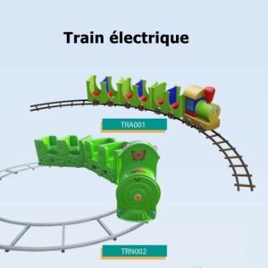 Train électrique pour enfants avec rails, design coloré et sièges confortables, parfait pour les fêtes et événements.