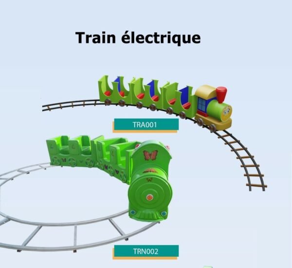 Train électrique pour enfants avec rails, design coloré et sièges confortables, parfait pour les fêtes et événements.